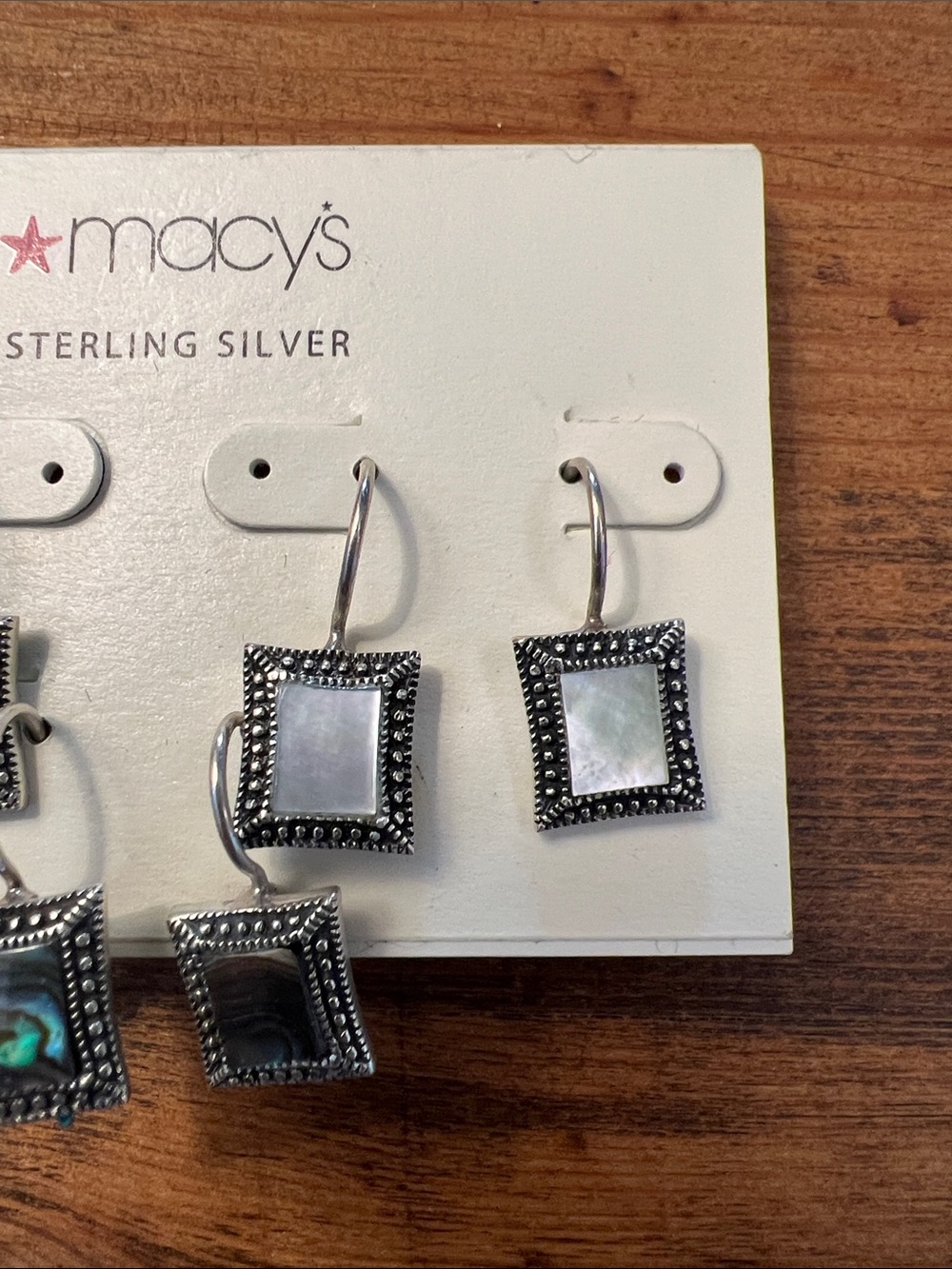 Set of 3, Macy's Sterling Silver Square Drop Earrings, Onyx, Abalone, Pearl - Picture 4 of 6